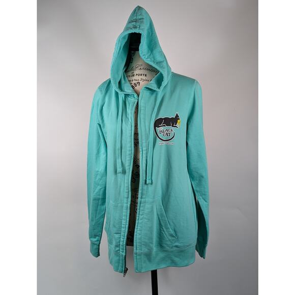 Austins Womens Medium Hoodie Zip Black Cat Tavern Cape Cod Teal Lightweight Top - Picture 2 of 13